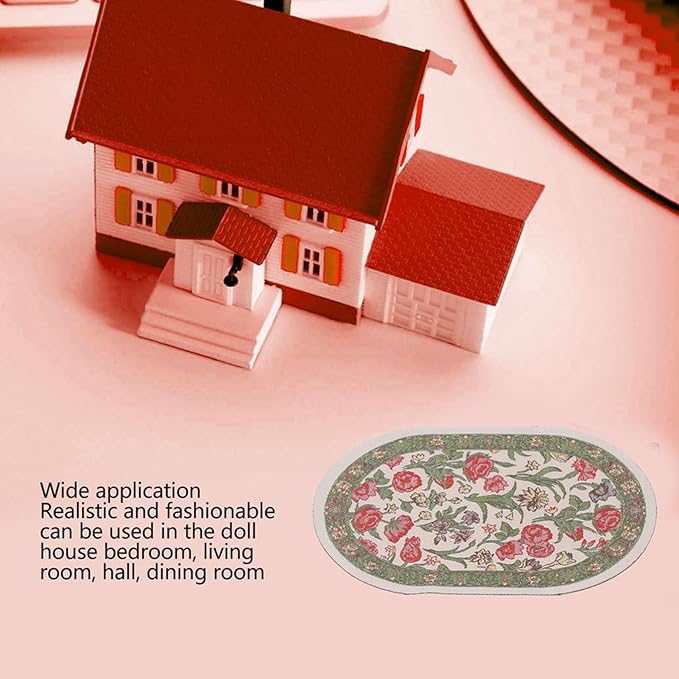 Hapivida 1/12 Dollhouse Decoration Accessories Miniature Rug Vintage Woven Carpet Oval Floral Colorful Design for Doll House Bedroom (B01 Green Leaf Flower)