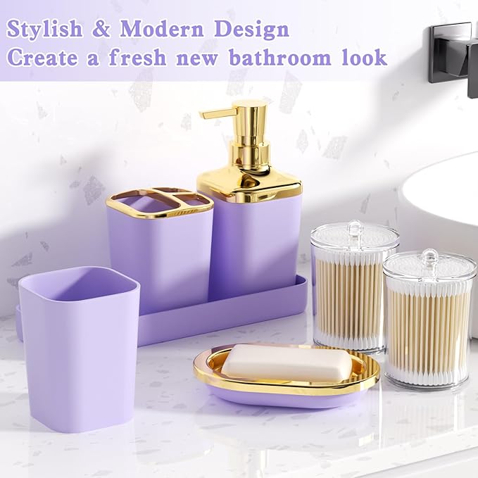 XLHOMO Purple Bathroom Accessories Set, Purple and Gold Bathroom Accessories with Trash Can, Soap Dispenser, Soap Dish, Toothbrush Holder and Q-tip Holders