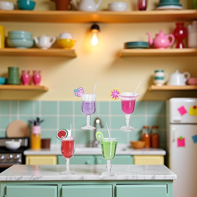 4 Pcs Miniature Dollhouse Juice and Wine Bottle Set – Resin Cocktail Cups, Simulated Drink Models for Dollhouse Kitchen Decor, Mini Props for DIY Craft Display, Decorations (1.37 x 0.39 Inch)