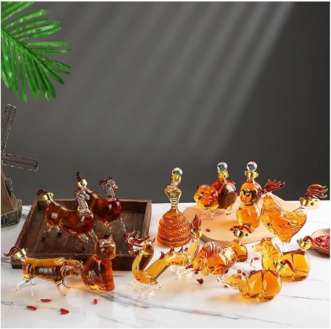 Chinese Zodiac Mini Whiskey Decanter Set of 12 with Stopper. Creative Animal Clear Glass Wine Bottle Miniature Liquor Dispenser for New Year (Size : 125ml x 12)
