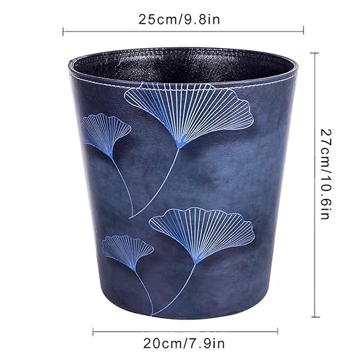 Scakbyer 10L/2.64 Gallon Trash Can, Decorative Waste Basket, PU Leather Waste Paper Basket, Waterproof Garbage Can for Bathroom, Bedroom, Office, Kitchen and Living Room - Blue Lines Leaves