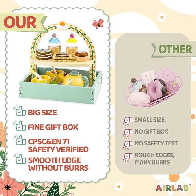 Wooden Tea Sets for Little Girls Play Food Cake Toys Toddlers 3-5 Kitchen Accessories Pretend Play Princess Playset for 3 4 5 6 Year Old Girl Boy Party Birthday Gift