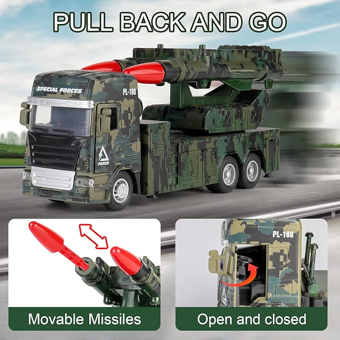 Military Toys for Boys, Army Vehicle Toys with Rotatable Turret, Missile Truck with Light & Sound, Pull Back Army Truck Gift for 3 4 5 6 7 8 Year Old Boys