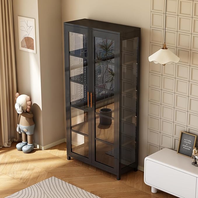 Display Cabinet with Glass Doors, 5-Tier Curio Cabinet with 4 Adjustable Shelves for Collectibles Toy Organizers Rack & Display Shelf, Kids Bookcase for Bedroom, Living Room, Reading Nook (Black)