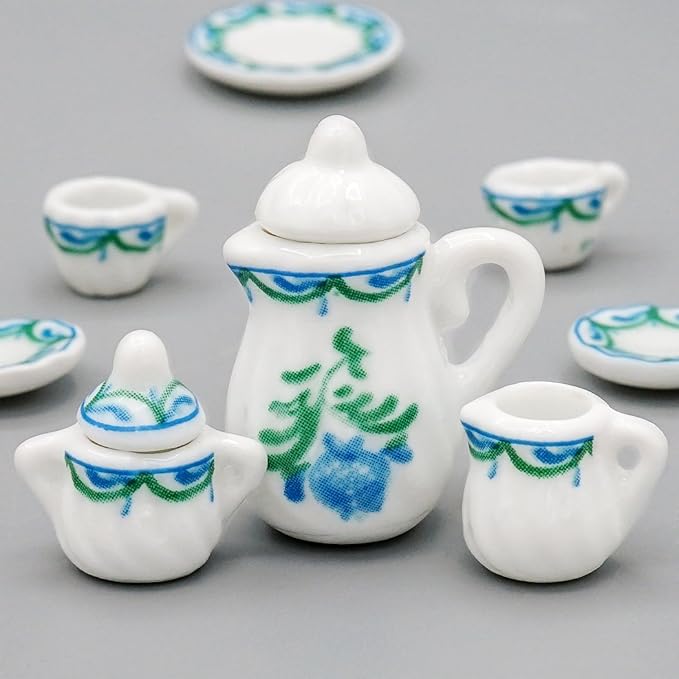Odoria 1/12 Miniature Porcelain Tea Set 15Pcs Dollhouse Decoration Accessories, Green
