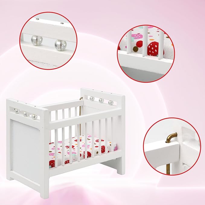 1/12 Miniature Wooden Doll Crib Mini Bed for Dollhouse Bedroom Furniture