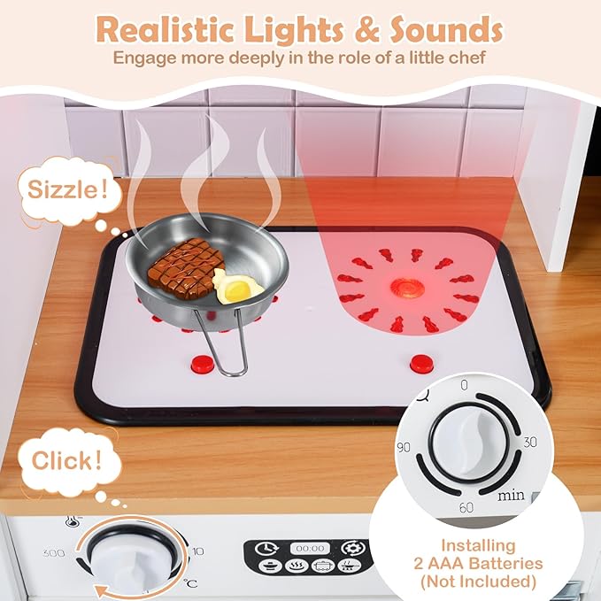 INFANS Kids Corner Kitchen Playset, Wooden Play Kitchen with Washing Machine, Coffee Maker, Toy Grinder, Gift for Boys Girls