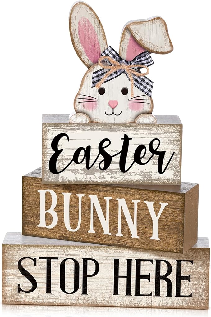 Moucuny 4 Pcs Easter Table Decoration Wooden Rabbit Easter Tiered Tray Decor Cute Bunny Centerpiece Rustic Wooden Bunny Block Sign Farmhouse Holy Week Party Decoration for Home Kitchen Shelf