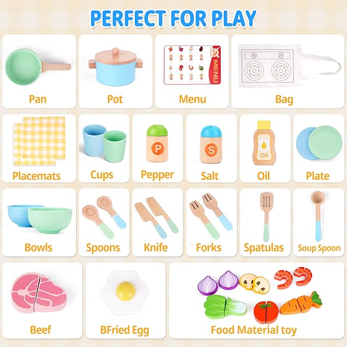 Wooden Play Food Kids Cooking Sets, Play Kitchen Accessories Pretend Play Toys for Toddlers, Kids Kitchen Playset Including Play Dishes, Pot and Pan, Utensils, Gift for Girls Boys 3 4 5 Years Old