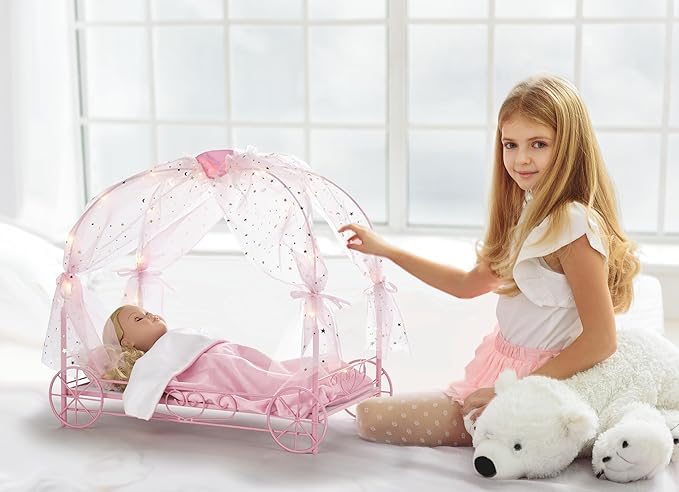 Badger Basket Elegant Royal Carriage Bed for 18-Inch Dolls with Canopy, Bedding, and LED Lights - Pink and White Stars