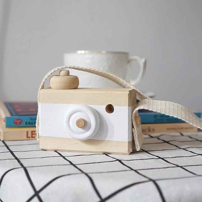 Baby Toy Wooden Mini Camera Toy, Baby Kids Cute Mini Sharpe Toy, Neck Hanging Photographed Props for Baby Toddlers Children Kids' Room Hanging Decor Gift (White-2)