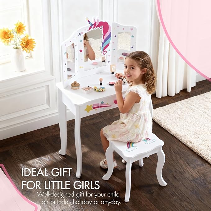 Spirich Kids Vanity, Girls Vanity Set with Mirror and Stool and Lights, Kids Vanity Table and Chair Set, Wooden Princess Makeup Desk Dressing Table