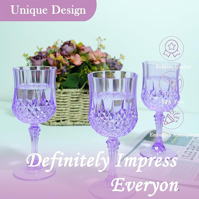 LEYIQU Plastic Wine Glasses, Plastic Goblets Vintage Style Cordial Drinking Glasses for Valentine’s Day, Wedding Reception, Grand Event Party Supplies (24, Purple)