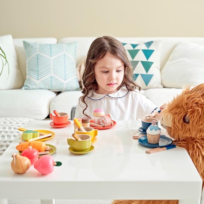 GAGAKU Wooden Play Food Sets for Kids Kitchen, Montessori Wooden Play Food Toys with Plates and Dishes for Toddler Boys & Girls Gifts