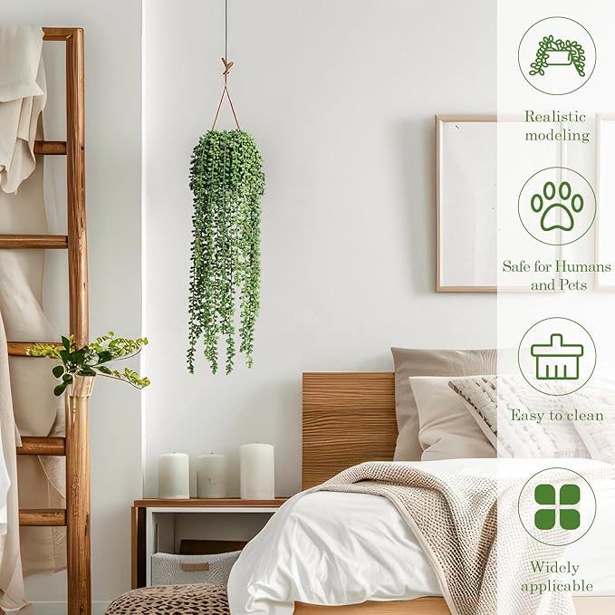 dallisten 10 Pcs Artificial Succulents Hanging Plants, Fake String of Pearls Greenery Plants, Decoration for Wall Home Backdrop Garden Windows Balcony Indoor and Outdoor (10PCS Green)