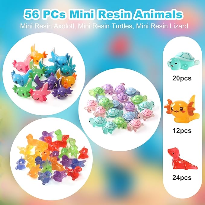 56PCs Mini Resin Animals, Turtles Lizard Axolotls, Mini Resin Figures to Hide Around The Office Home Garden Dollhouse