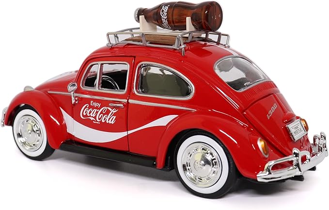 Motor city classics Coca-Cola Diecast Collectible | 1966 VW Beetle with Bottle on Top Rack | 1:24 Diecast Scale Model 424066 | Officially Licensed Coca-Cola Diecast