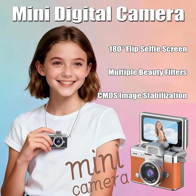 Mini Keychain Digital Camera, Retro Mini Digital Video Camera, 1.47" LCD Flip Screen - Retro Keychain Camera 32GB Card, Built-in Flash & Strap, Portable Camera for Travel, Concerts, Students