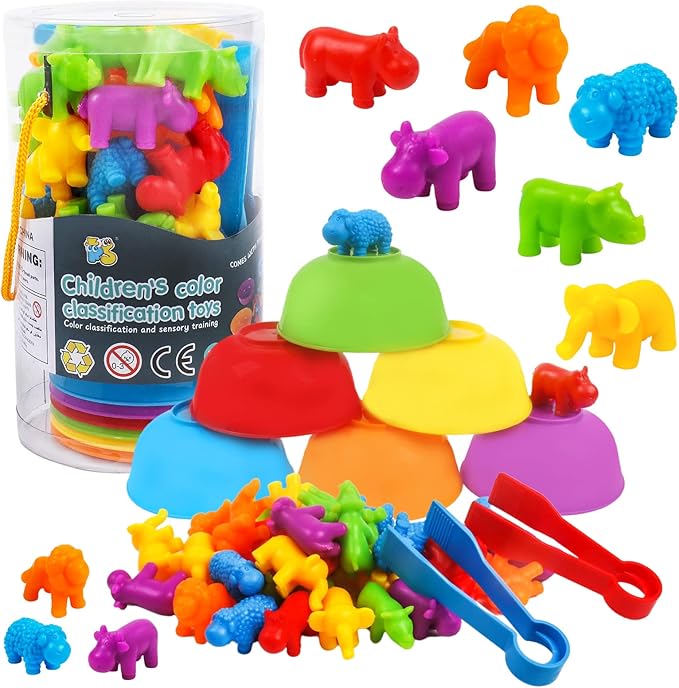 Counting Toys Matching Game for Kids with Sorting Bowls Preschool Learning Educational Activities Toys Color Classification and Sensory Game Set Toddler Fine Motor Toys for 3 4 5 Years Old-Animals