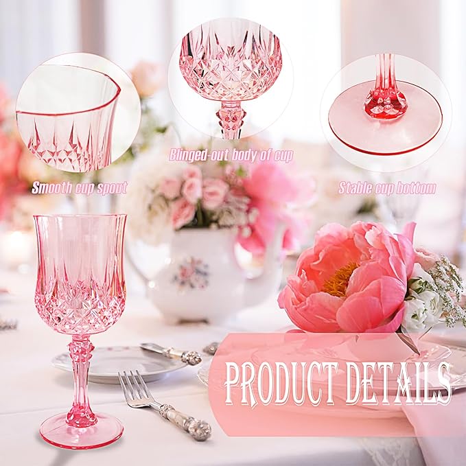 Veiuwa 48 PCS Pink Plastic Wine Glasses,Reusable Plastic Wine Glasses,Pink Goblet Glass,Durable and Sturdy Cups Can Be Used for Various Parties Such as Weddings!