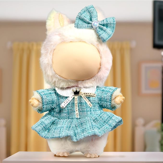 Clothes for LABUBU Doll (NO Doll), Luxury Chic Style 2-Piece Accessories for LABUBU 17cm Dolls, Premium Fashion Outfits for LABUBU - Bow Headdress + Plaid Tweed Dress (Blue)