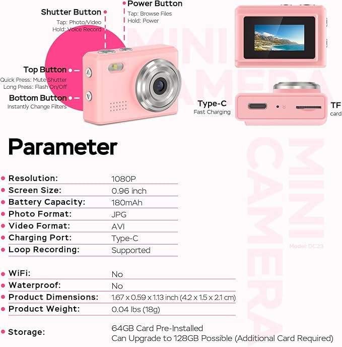 Dienspeak Mini Camera 1080P HD Video Recorder, Keychain Digital Camcorder with 64GB Card, 0.96" HD Display, Long Battery Life, Ultra-Portable Tiny Camera for Travel/Vlog/Night Shots, Pink