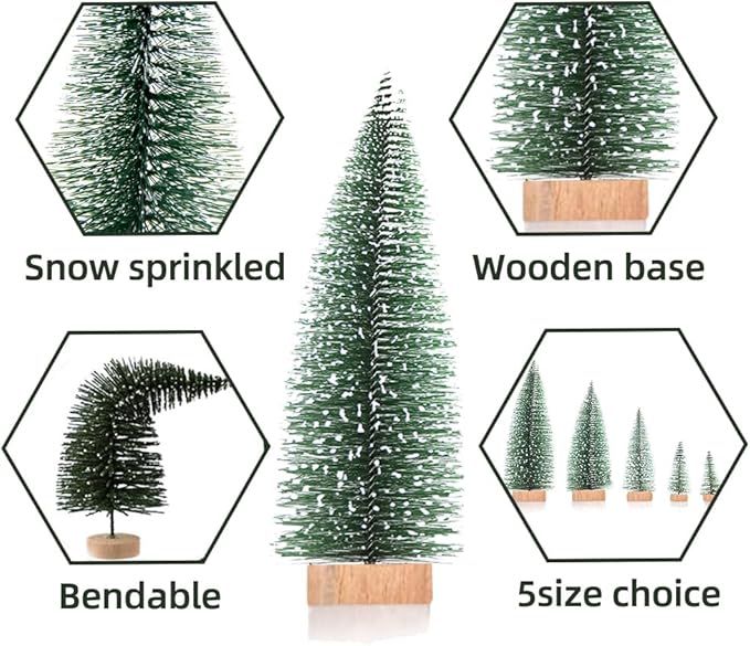 Yahpetes Miniature Christmas Tree 10 Pcs Pine Trees Sisal Trees Snow Frost Ornaments with Wooden Bases for Miniature Scenes, Christmas Crafting and Designing, 5 Size