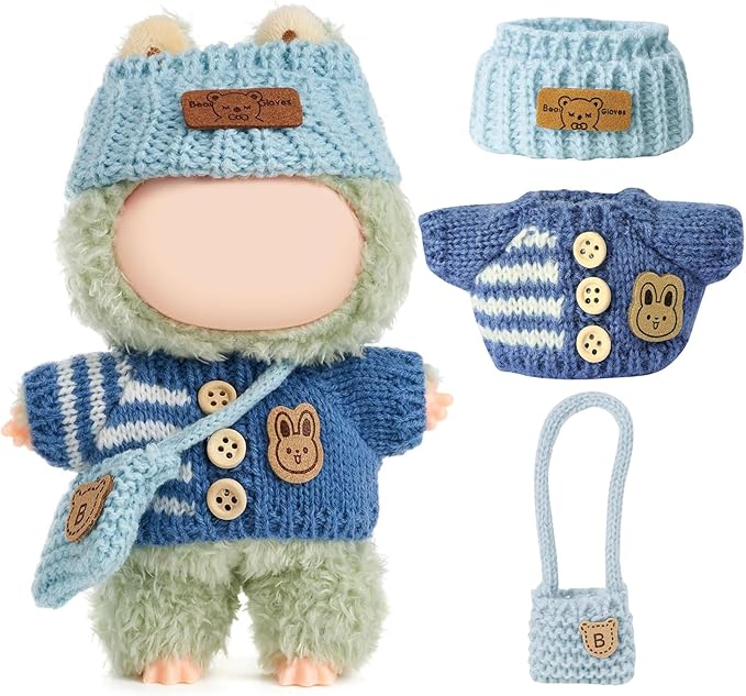 Clothes for LABUBU Doll (NO Doll), Handcrafted Crochet 3-Piece Accessories for LABUBU 17cm Dolls, Premium Outfit - Bunny Sweater + Hat + Bag, Cute Clothes for Dress up Unique Style (Blue)