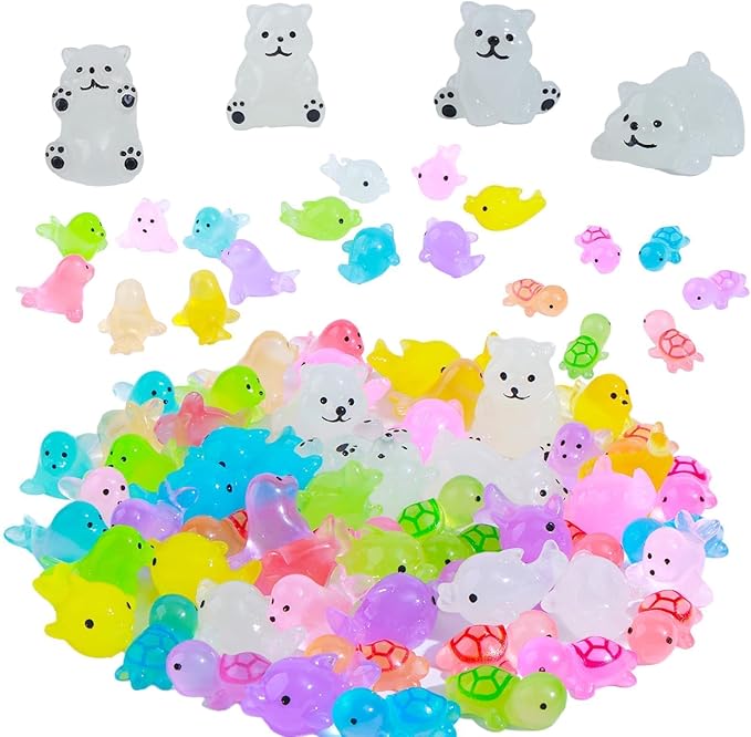 65 Pcs Luminous Mini Sea Animals Small Turtles Dolphins Seals Polar Bears Figurines Glow in The Dark Tiny Ocean AnimalsSets for Garden Landscape Aquarium Hide and Seek Prank Cake Decoration