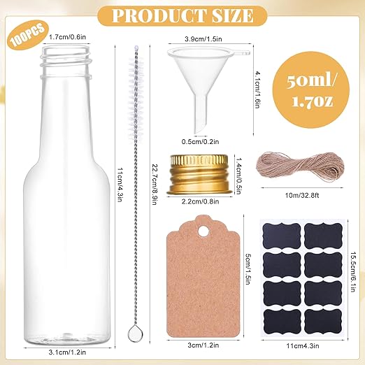 100 Pcs Mini Liquor Bottles, 1.7oz Shot Bottle with Caps 50ml Plastic Spirit Bottles, 4 Liquid Funnels, Kraft Tags, Brush and String, for Wedding, Baby Banquet, Party（Gold Cap）