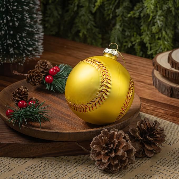 3.15” Christmas Softball Glass Blown Ornament, 2025 Hand-Painted Small Mini Sports Ball Decoration for Boys and Girls, Xmas Tree Holiday Decor Kids Themed Party Gifts