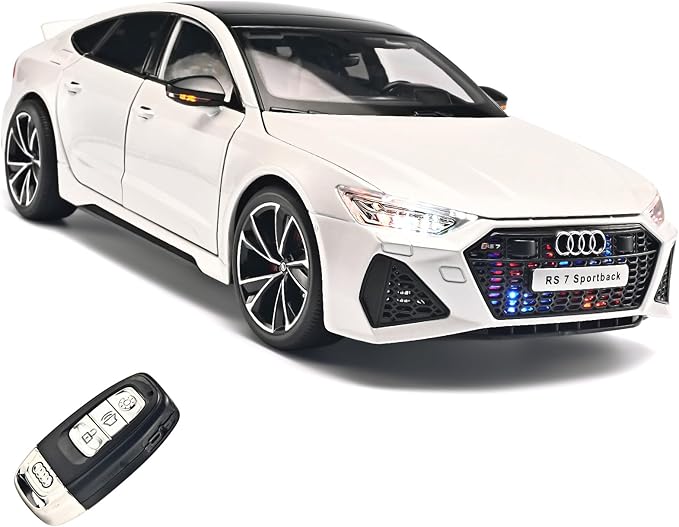 Model Car Kits for Adult 1/18 Diecast Cars Compatible with Audi RS7 Sportback Car Collection,Remote Control Key Version Metal Toy Cars with Lights and Sounds,Toy Cars for Boys Age 4-7（White）