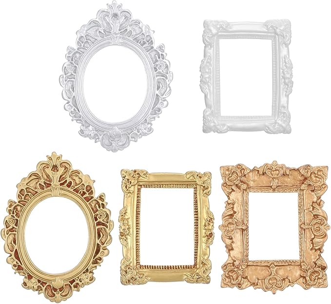 5 Pcs Miniature Dollhouse Mirror Set with Carved Golden Edges, European Style Victorian Baroque Wall Decor for 1/12 Scale Dollhouse Display, Mini Furniture Accessory Gold, White, Silver