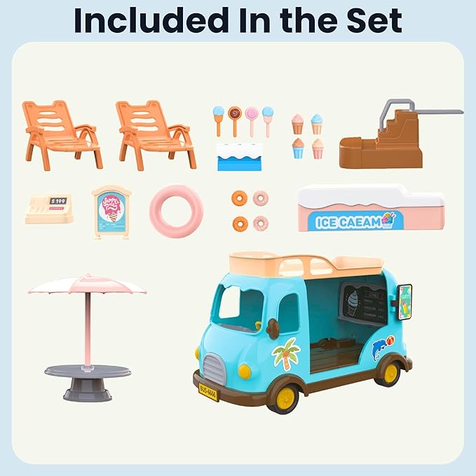 Family Ice Cream Truck Toy — Dessert Food Truck Playset with Cash Register, Chairs & Umbrella, Dollhouse Pretend Play Vehicle, Gift for Kids Ages 3+