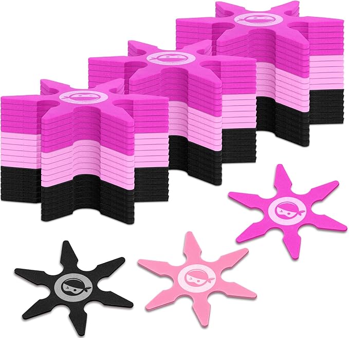 Chivao Ninja Foam Star Toys Small Throwing Foam Stars Throwing Toys Ninja Party Favors for Birthday Party Costume Accessory Halloween Cosplay, 4 Inch(24 Pcs,Dark Pink, Pink, Black)