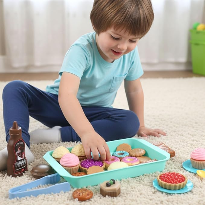 LOVESTOWN Pretend Play Desserts Toy Set - 29 PCS Kids Desserts Fake Food for Tea Party & Birthday Gift