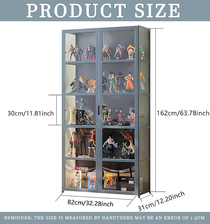 5-Tier Curio Display Cabinet with Acrylic Doors - 64” Transparent Display Case for Figures, Display Shelves for Collectibles & Storage Cabinets for Home, Office, Playroom, Living Room, Grey