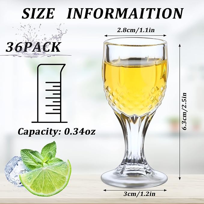 Ioffersuper 36-Pack Shot Glasses Set, 10Ml/0.338 Oz Mini Shot Glasses with Stem, Mini Wine Glasses, Thickness Glass