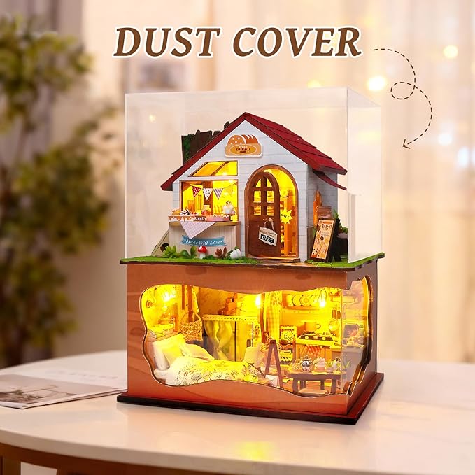Miniature House Kit, DIY Dollhouse Kits with Lights and Dust Cover, The for Family & Friends, Creative Craft Kit with Two-Story Bakery & Forest Basement