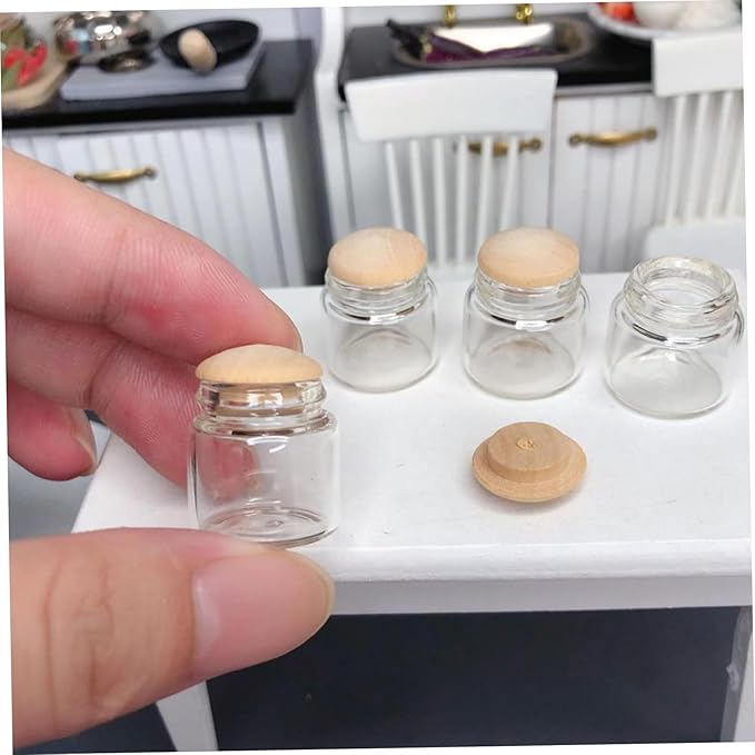 8Pcs Mini Glass Jars 1:6 & 1:12 Scale Glass Bottles Dollhouse Miniatures, 0.79x0.39 Inch Mini Food Containers Empty with Lid for Dollhouse Kitchen Restaurant Scene