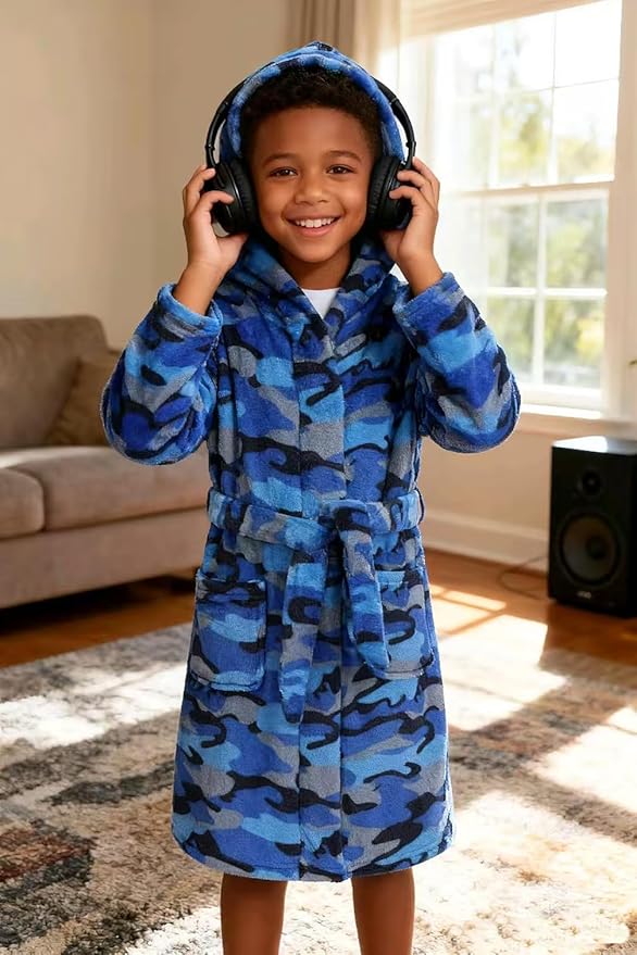 Boys Fleece Robe Hooded Toddler Soft Bathrobe Pajamas Sleepwear for Kids Girls 2-16 Years