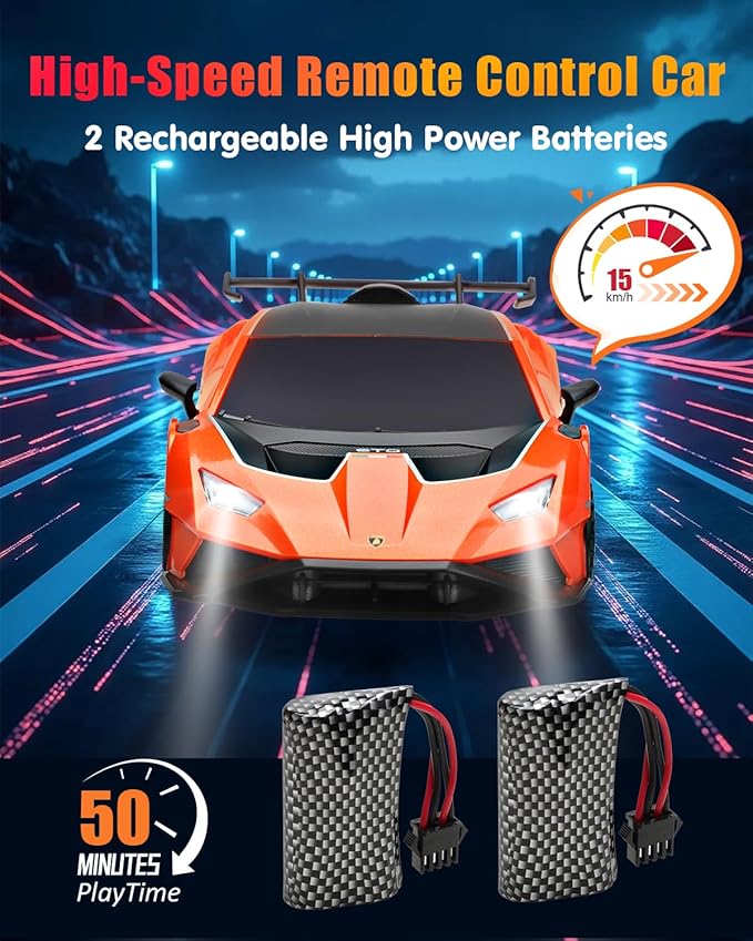 Lamborghini Remote Control Car for Boys 8-12, Officially Licensed 1:18 Scale 2.4GHz 15Km/ RC Drift Car Toys with Headlight, 2 Batteries 60 Min Play, RC Gift Toy for Boys & Girls Ages 3-12 & Adults