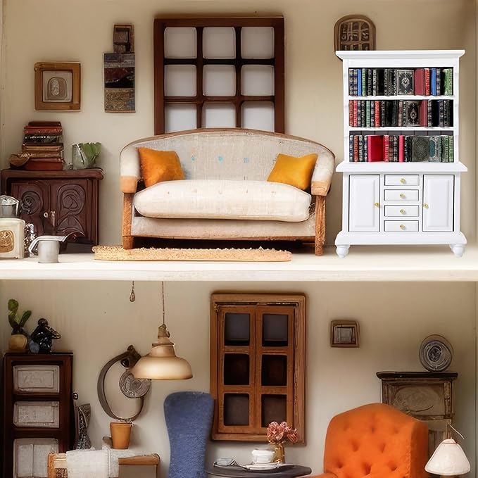 1:12 Scale Dollhouse Miniature Wooden Bookshelf Bookcase with 48 Pcs Miniature Books Mini Tiny Books for Dollhouse Mini Library Decoration Book Lover’s Reading Nook Gift(White)