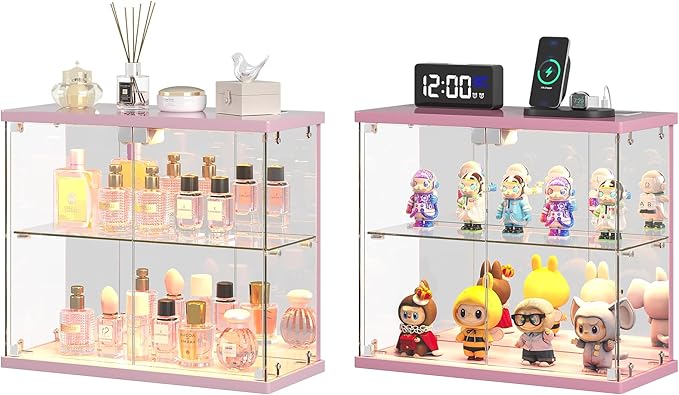 2pcs LED Clear Glass Display Case - for Figures & Collectibles, Small 2-Tier Display Cabinet with Charging Station, Display Box with Lights & Human Sensor, for Model Car, Perfume, Pink