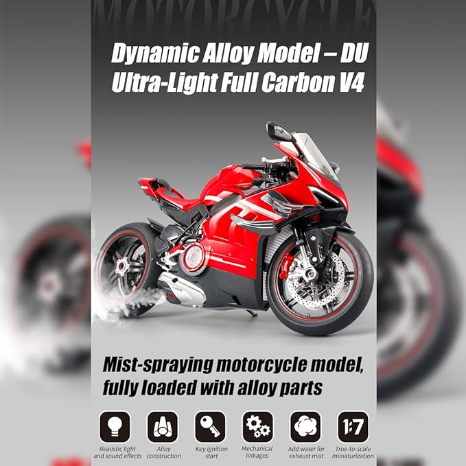 1/7 Scale Alloy Dynamic Motorcycle Model with Ignition System and Smoke Spray, Die-cast Motorcycle Gift for Adult Collectors & Enthusiasts