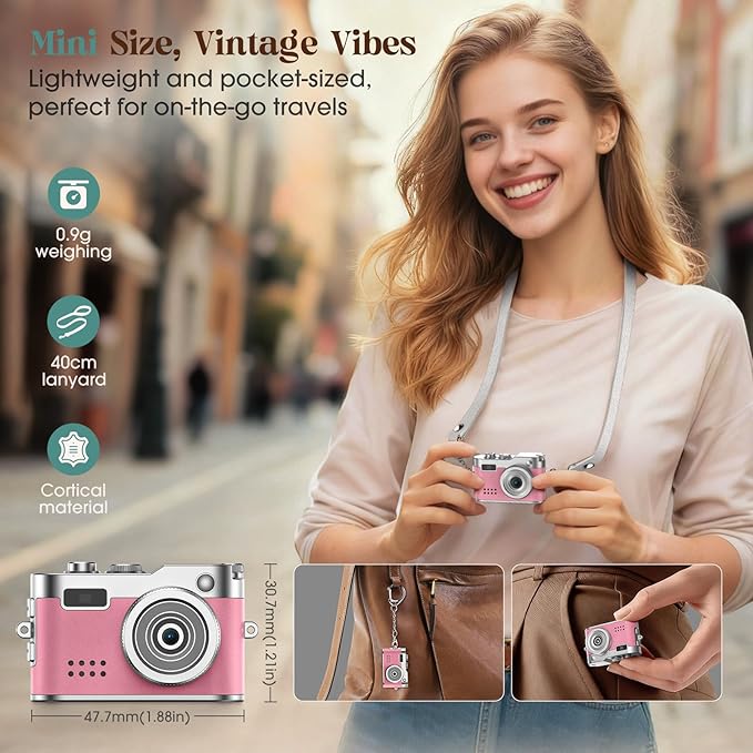 HOTU Mini Digital Camera, Keychain Camera 1080P HD with 2MP Lens, Flash, Video Recording, 32G Card Included, Portable and Compact Retro Vlog Camera for Travel, Kids, Pink