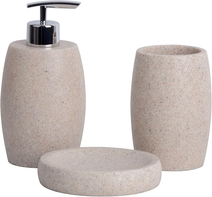 Clasin Home Beige Bathroom Accessories Set 3 PC, Resin Sandstone Look Soap Dispenser, Toothbrush Cup, Soap Dish, Bathroom Soap Dispenser Set for Home Decor and Kitchen