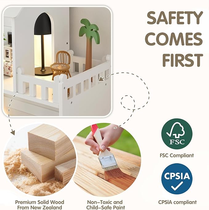 Dollhouse Bookshelf, Wooden Kids Bookshelve Children Doll House Toy Storage 3-Tier Bookcase for Books Gift for Girls Ages 3-7+
