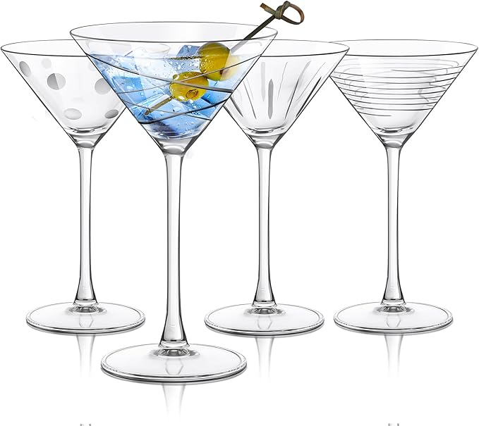 Joeyan Handmade Etched Martini Glasses,Crystal Cocktail Glassware with Dots Strips Pattern,Drinking Glasses for Espresso Martini Cosmopolitan Manhattan Gimlet,Set of 4,8.5 oz
