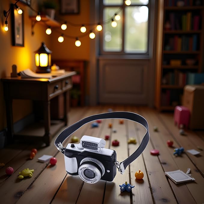 Black Mini Camera for Dolls, Dollhouse Miniature Digital SLR Camera, Vintage Style, Plastic, 1:12 Scale, Retro Theme, Dollhouse Accessory
